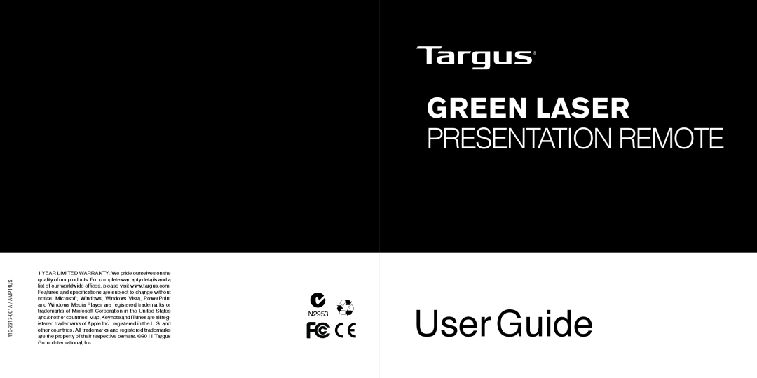 Targus N2953 warranty User Guide, Green Laser, Presentation Remote 