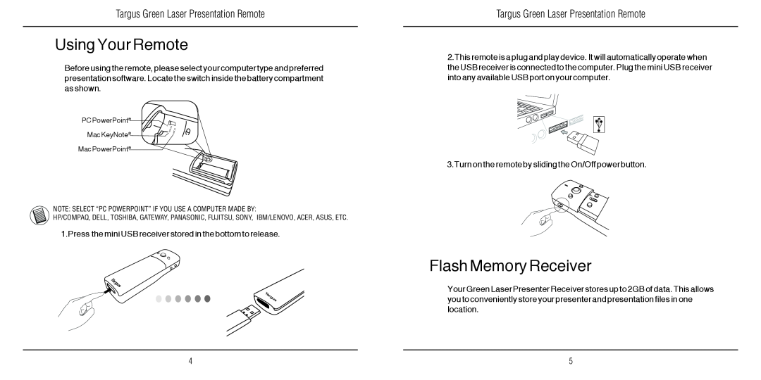 Targus N2953 warranty Using Your Remote, Flash Memory Receiver, Targus Green Laser Presentation Remote 