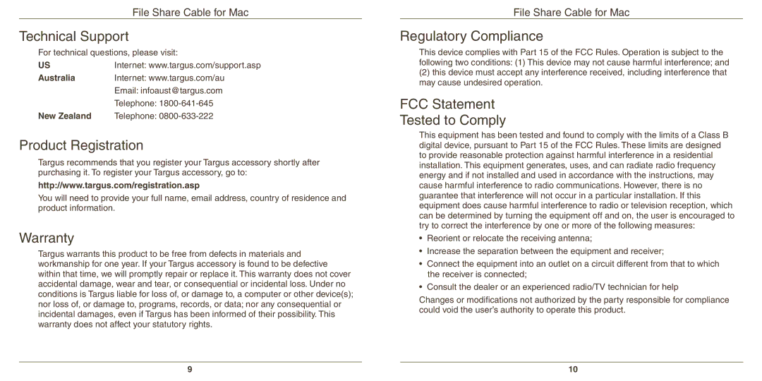 Targus N2953 Technical Support, Product Registration, Warranty, Regulatory Compliance, FCC Statement Tested to Comply 