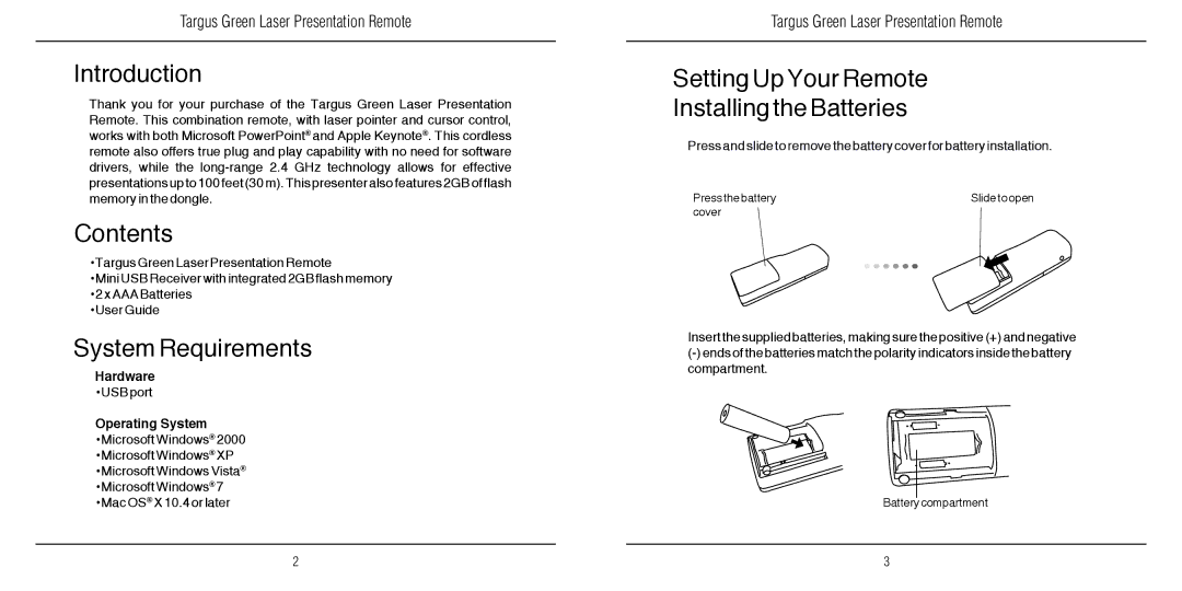 Targus N2953 warranty Introduction, Contents, System Requirements, Setting Up Your Remote Installing the Batteries 