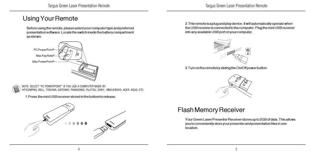 Targus N2953 warranty Using Your Remote, Flash Memory Receiver 