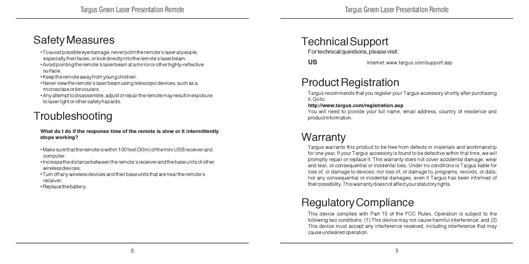 Targus N2953 Safety Measures, Troubleshooting, Technical Support, Product Registration, Warranty, Regulatory Compliance 