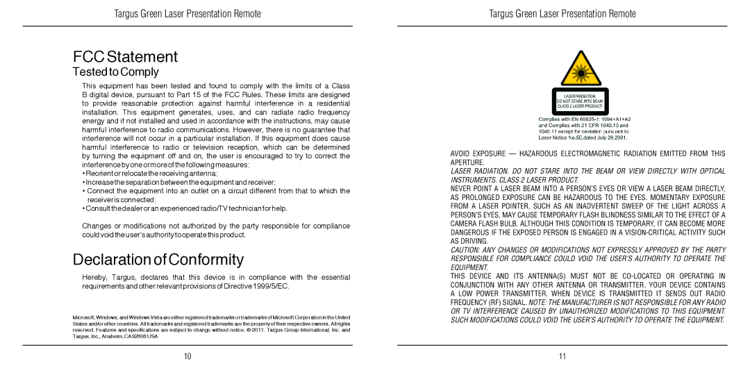 Targus N2953 warranty FCC Statement, Declaration of Conformity 