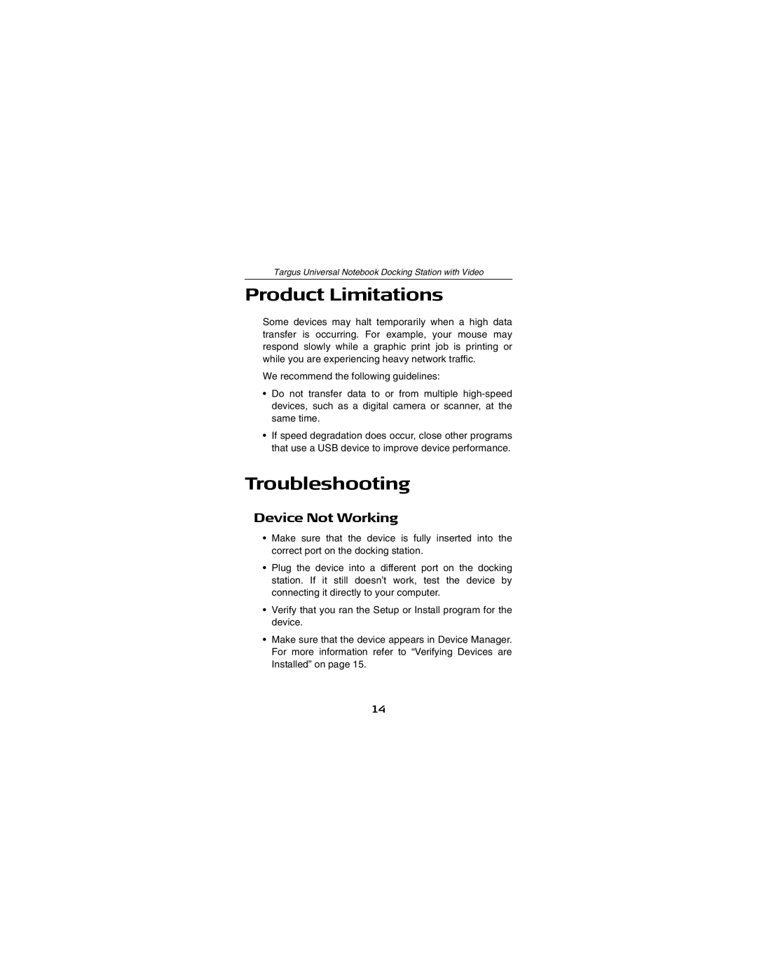 Targus NOTEBOOK DOCKING station with video manual Product Limitations, Troubleshooting, Device Not Working 