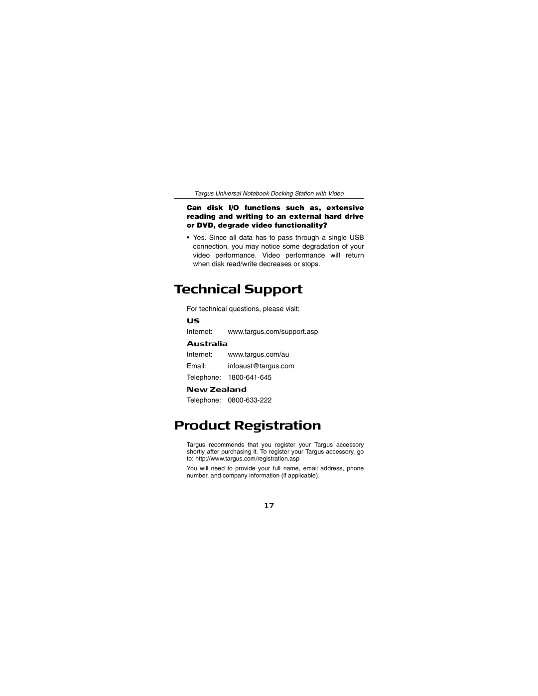 Targus NOTEBOOK DOCKING station with video manual Technical Support, Product Registration, Australia, New Zealand 