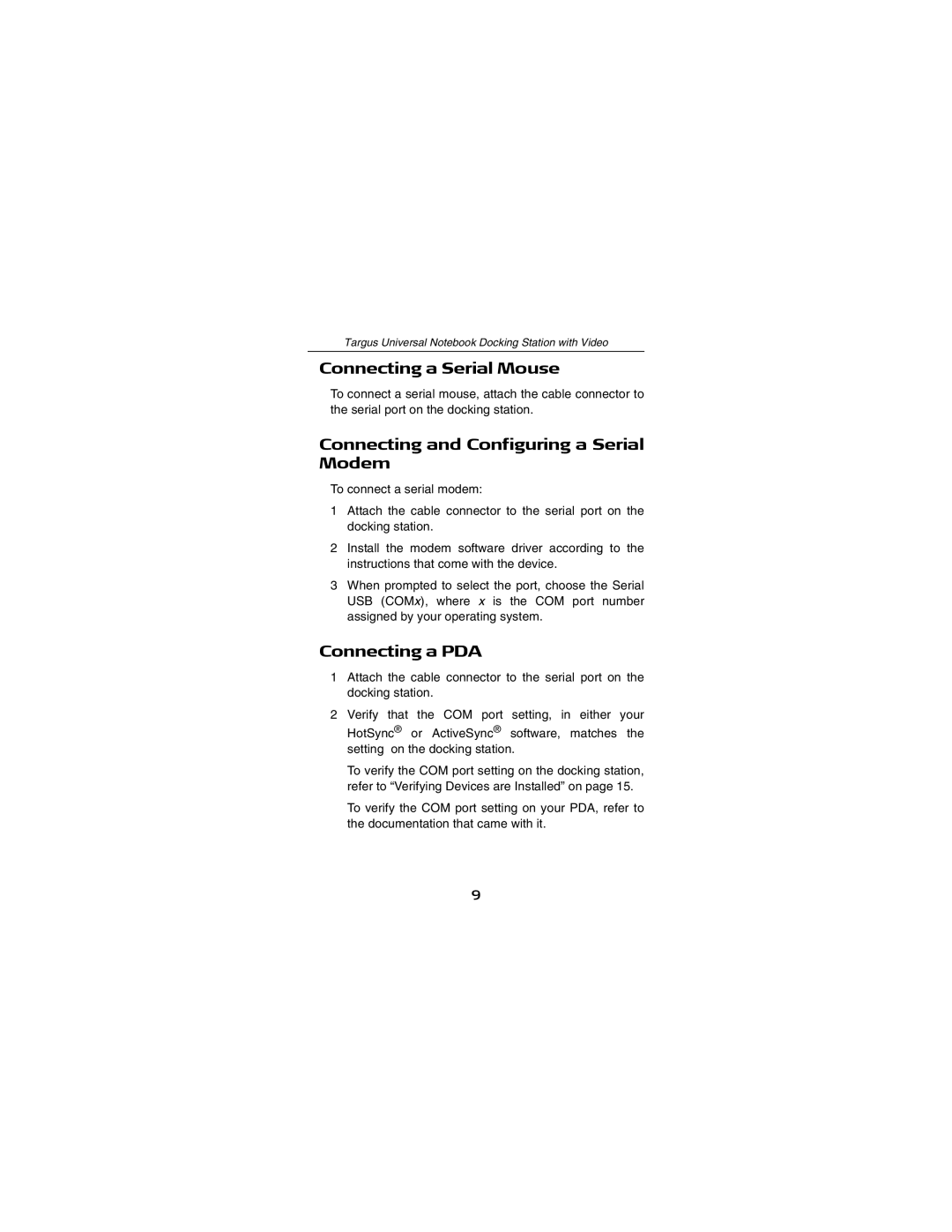 Targus NOTEBOOK DOCKING station with video manual Connecting a Serial Mouse, Connecting and Configuring a Serial Modem 