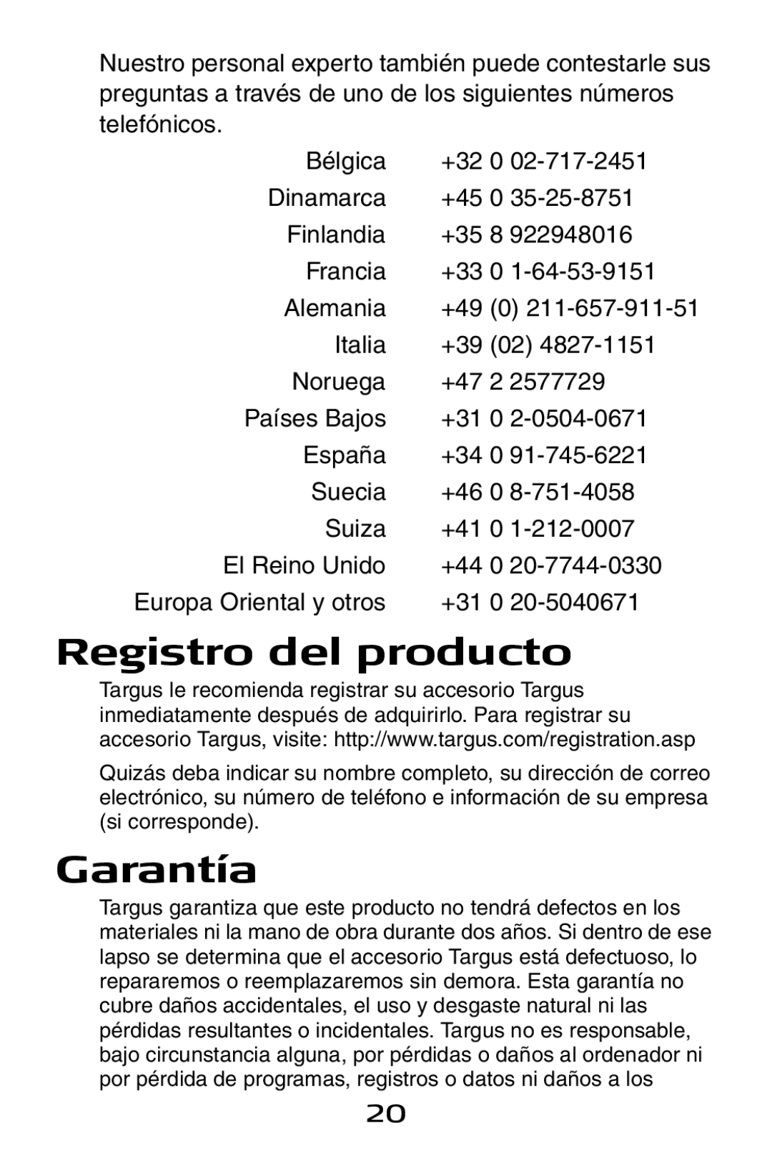 Targus Notebook Mouse specifications Registro del producto, Garantía 