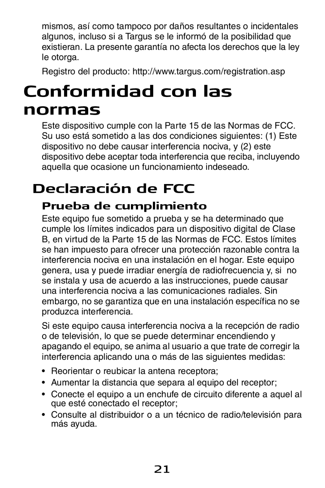 Targus Notebook Mouse specifications Conformidad con las normas, Declaración de FCC, Prueba de cumplimiento 