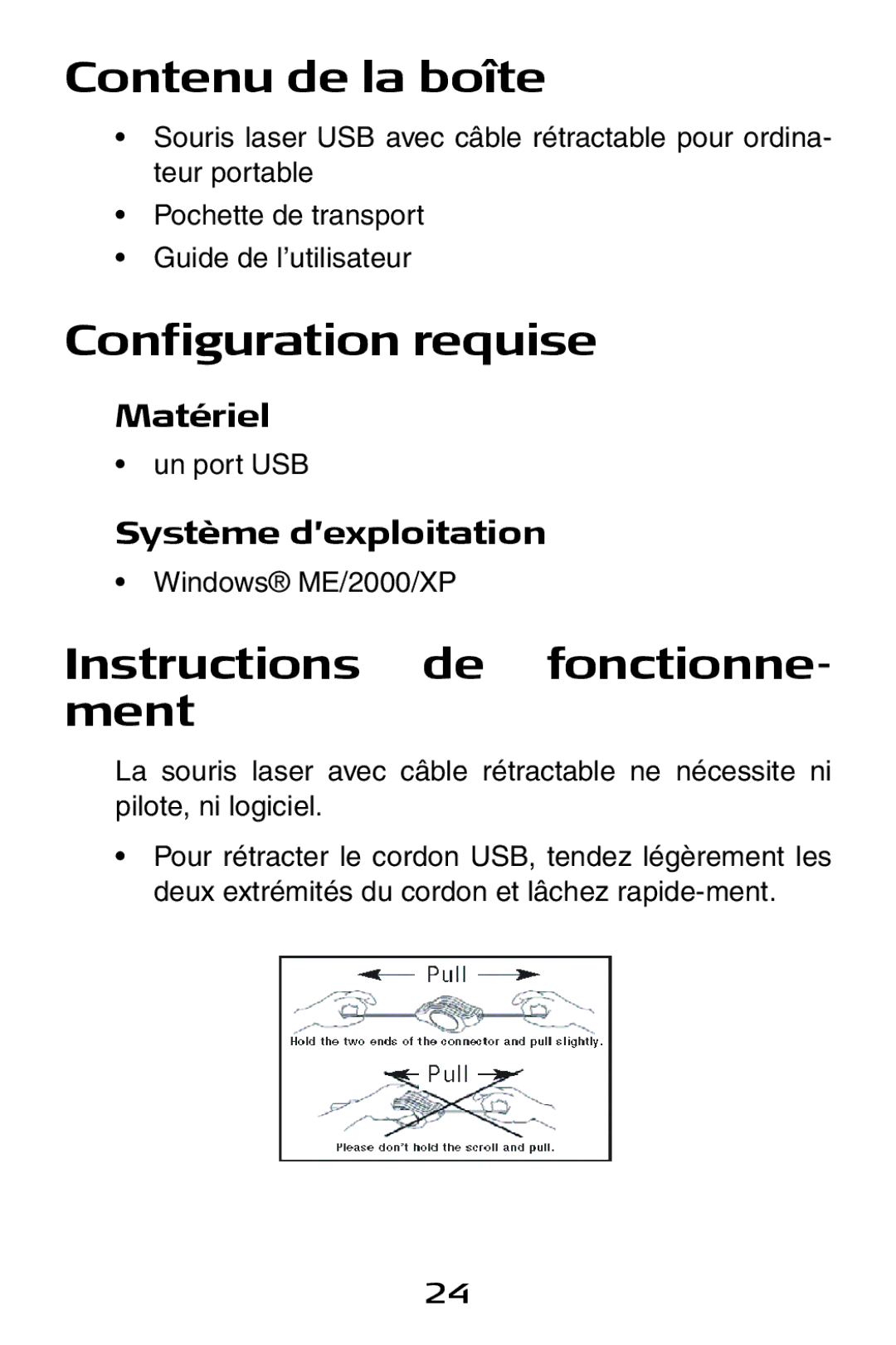 Targus Notebook Mouse specifications Contenu de la boîte, Configuration requise, Instructions de fonctionne- ment, Matériel 