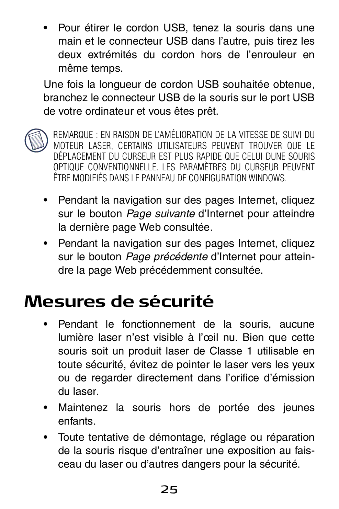 Targus Notebook Mouse specifications Mesures de sécurité 