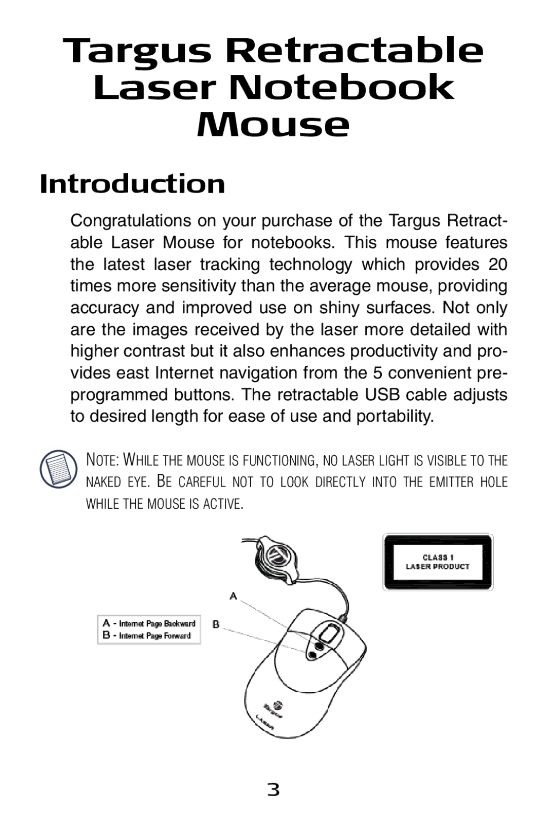 Targus specifications Targus Retractable Laser Notebook Mouse, Introduction 