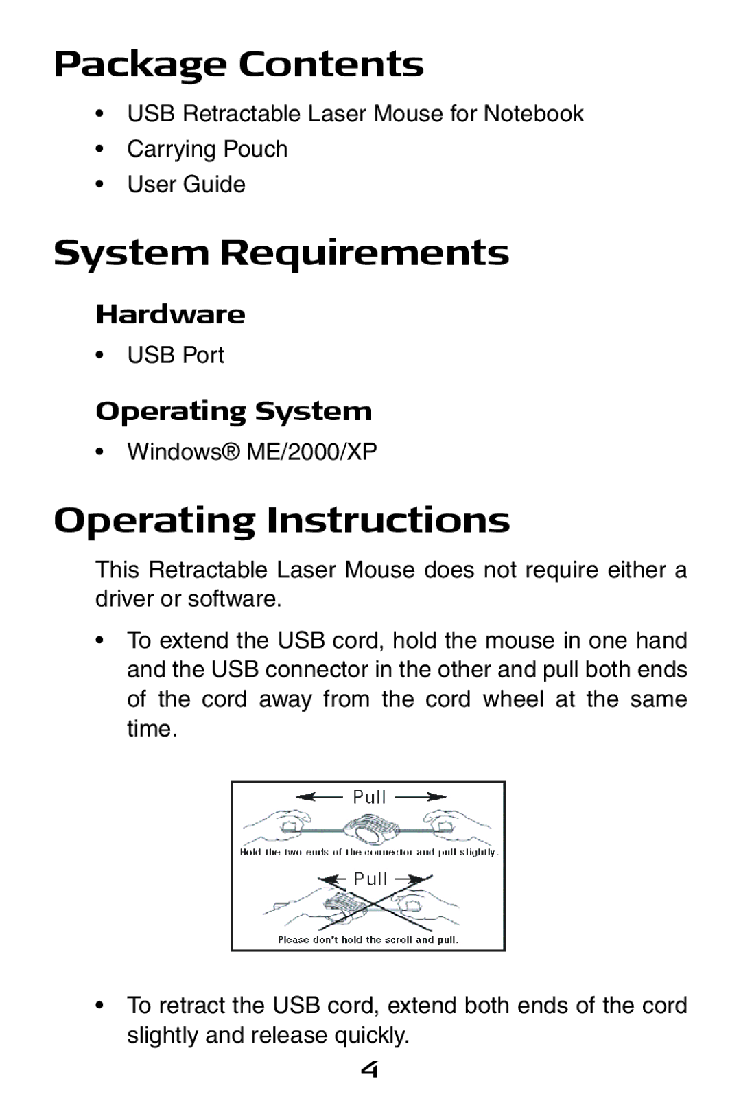 Targus Notebook Mouse Package Contents, System Requirements, Operating Instructions, Hardware, Operating System 