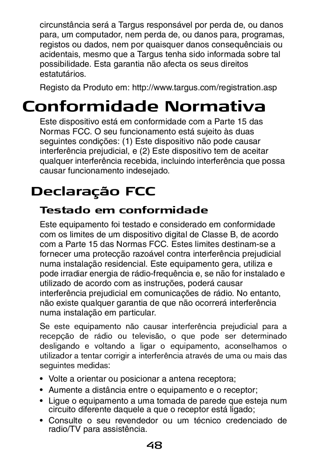 Targus Notebook Mouse specifications Conformidade Normativa, Declaração FCC, Testado em conformidade 