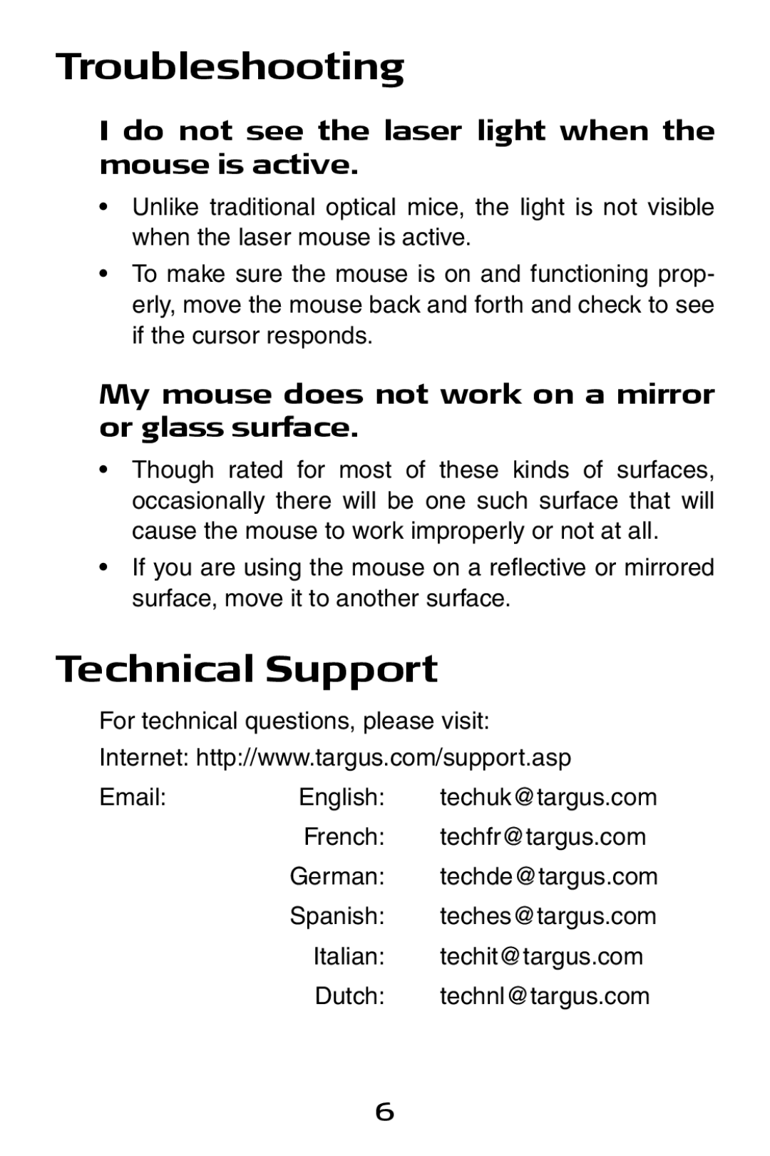 Targus Notebook Mouse Troubleshooting, Technical Support, Do not see the laser light when the mouse is active 