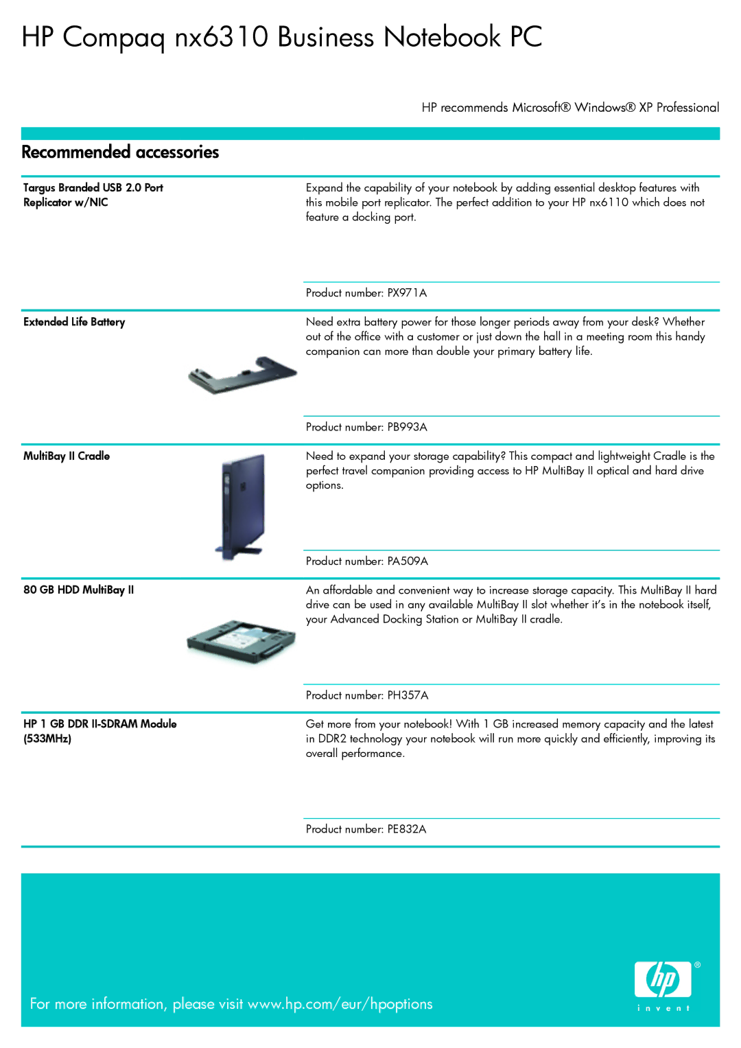 Targus nx6310 manual Recommended accessories 