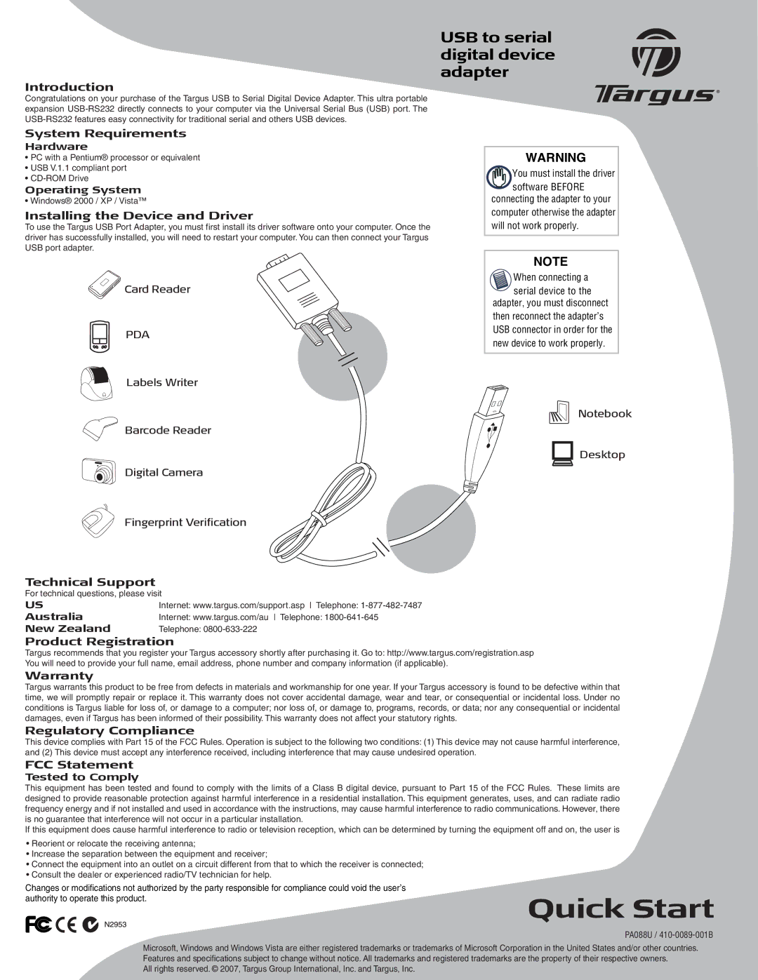 Targus PA088U quick start Introduction, System Requirements, Installing the Device and Driver, Technical Support 