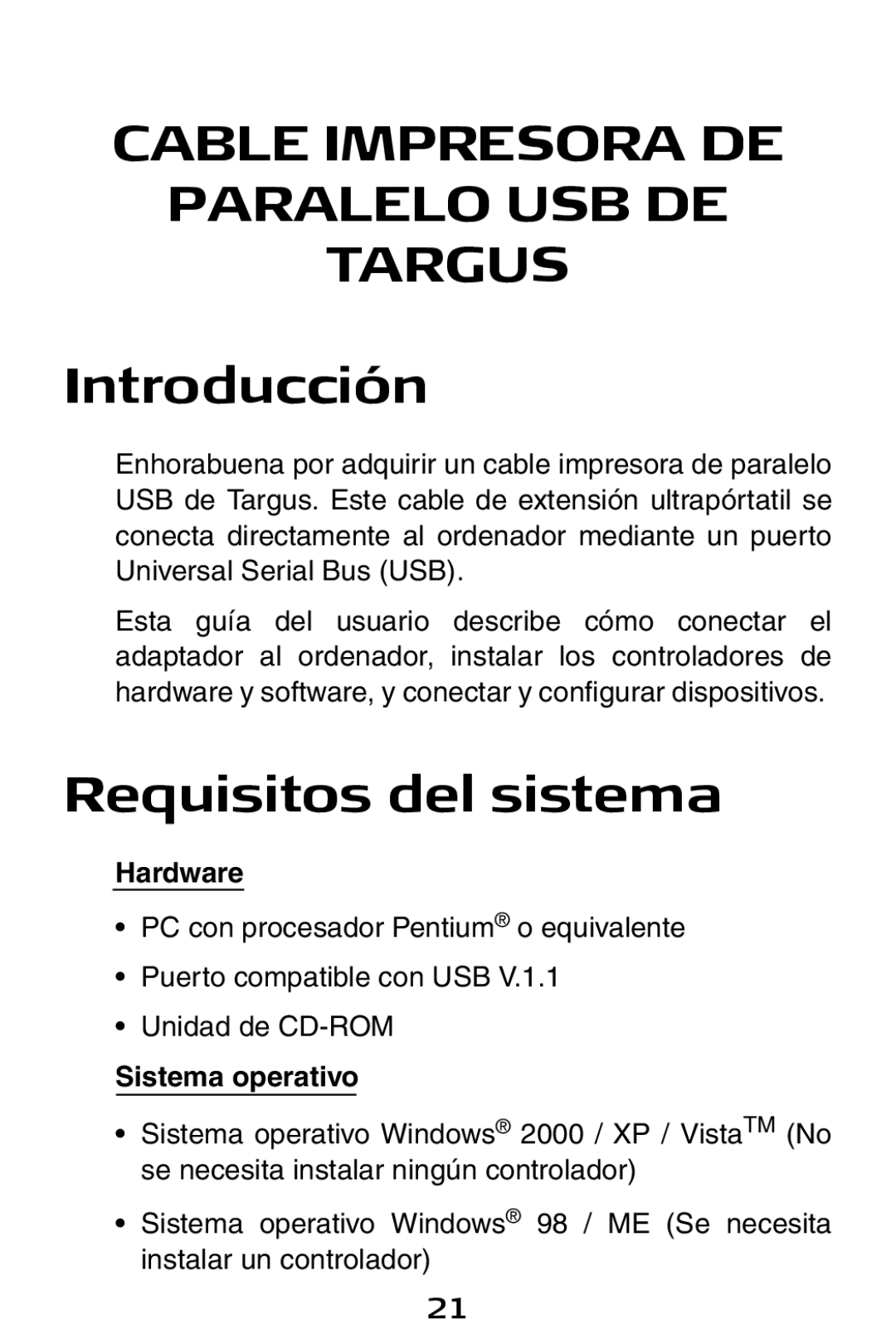 Targus PA096E specifications Introducción, Requisitos del sistema, Sistema operativo 