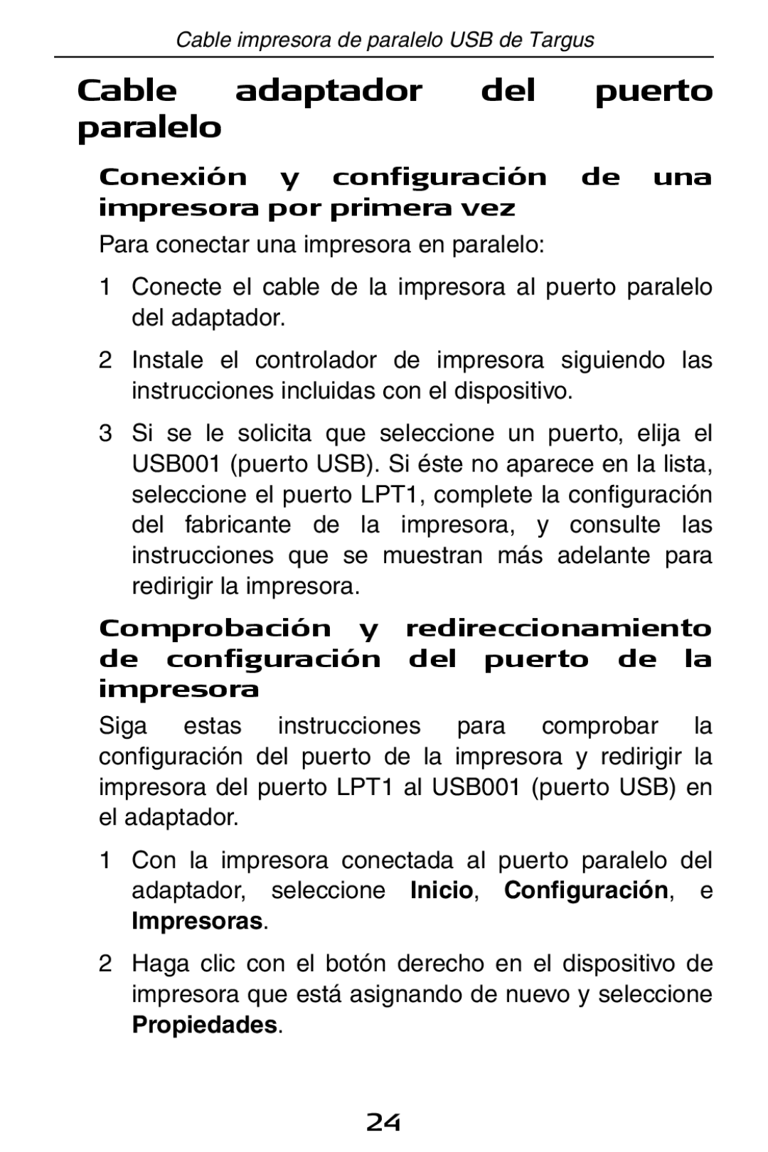 Targus PA096E specifications Cable adaptador del puerto paralelo, Conexión y configuración de una impresora por primera vez 