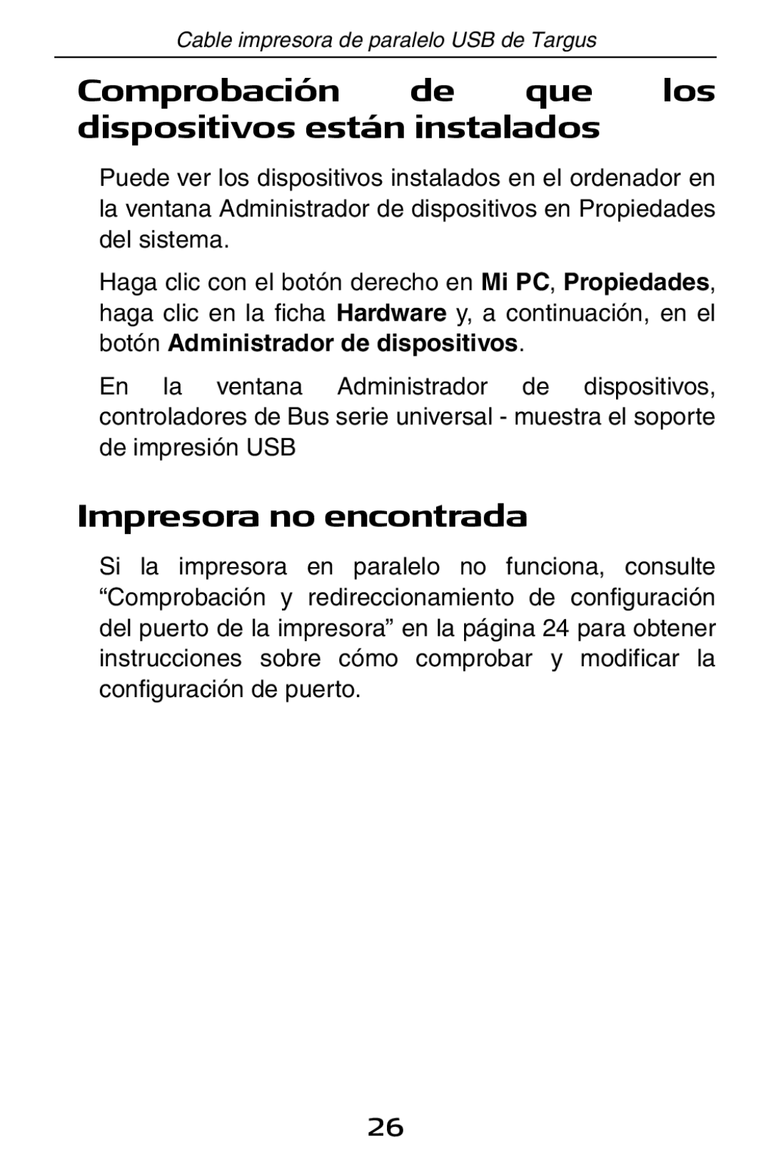 Targus PA096E specifications Comprobación de que los dispositivos están instalados, Impresora no encontrada 