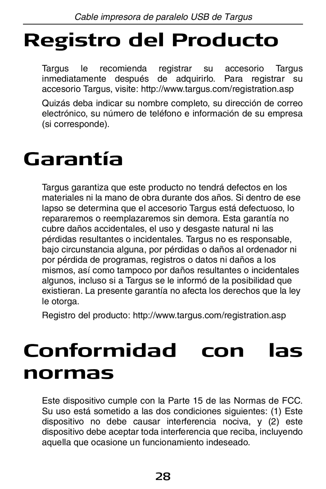 Targus PA096E specifications Registro del Producto, Garantía, Conformidad con las normas 