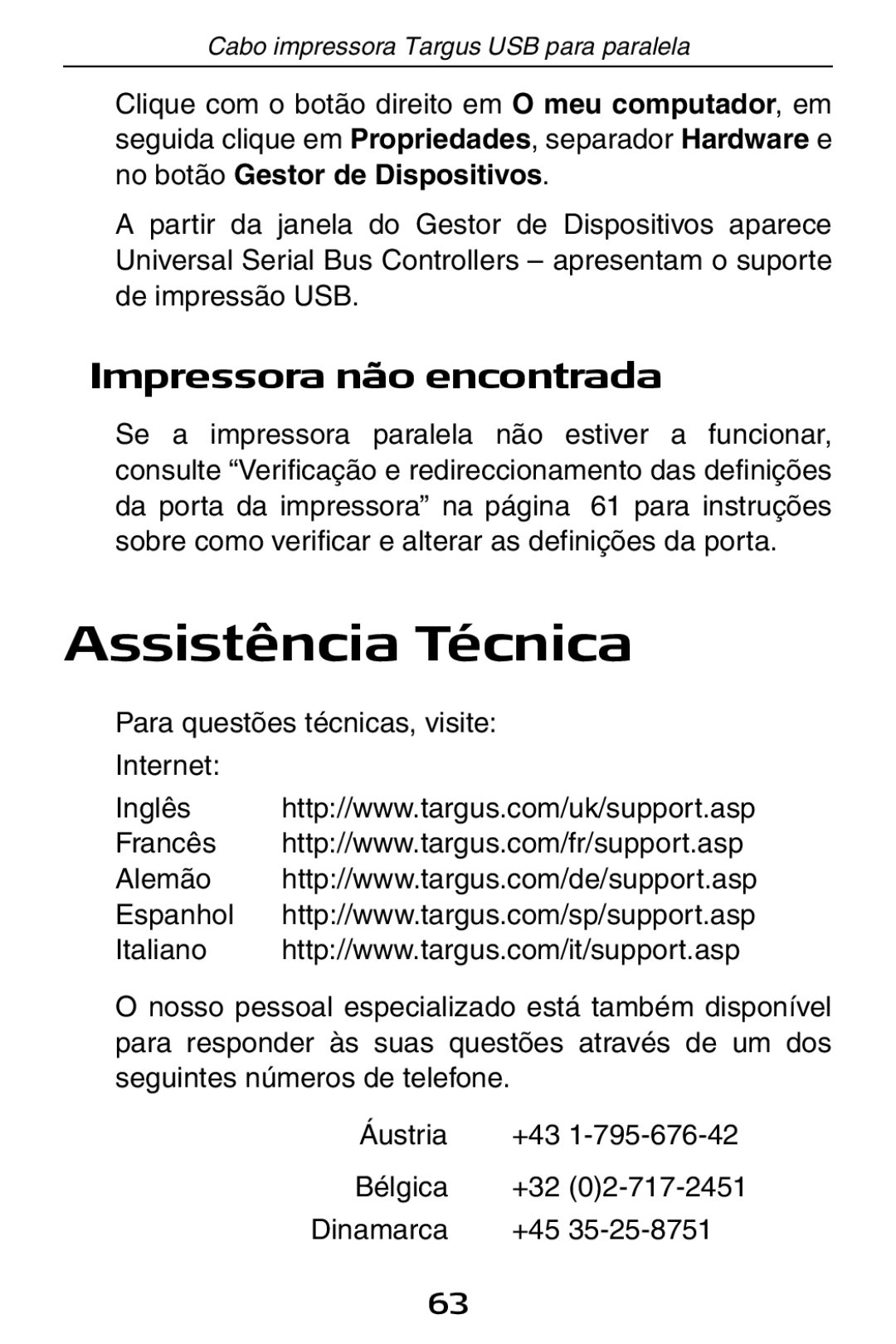 Targus PA096E specifications Assistência Técnica, Impressora não encontrada 