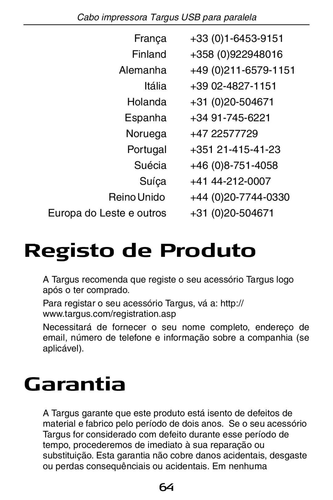 Targus PA096E specifications Registo de Produto, Garantia 