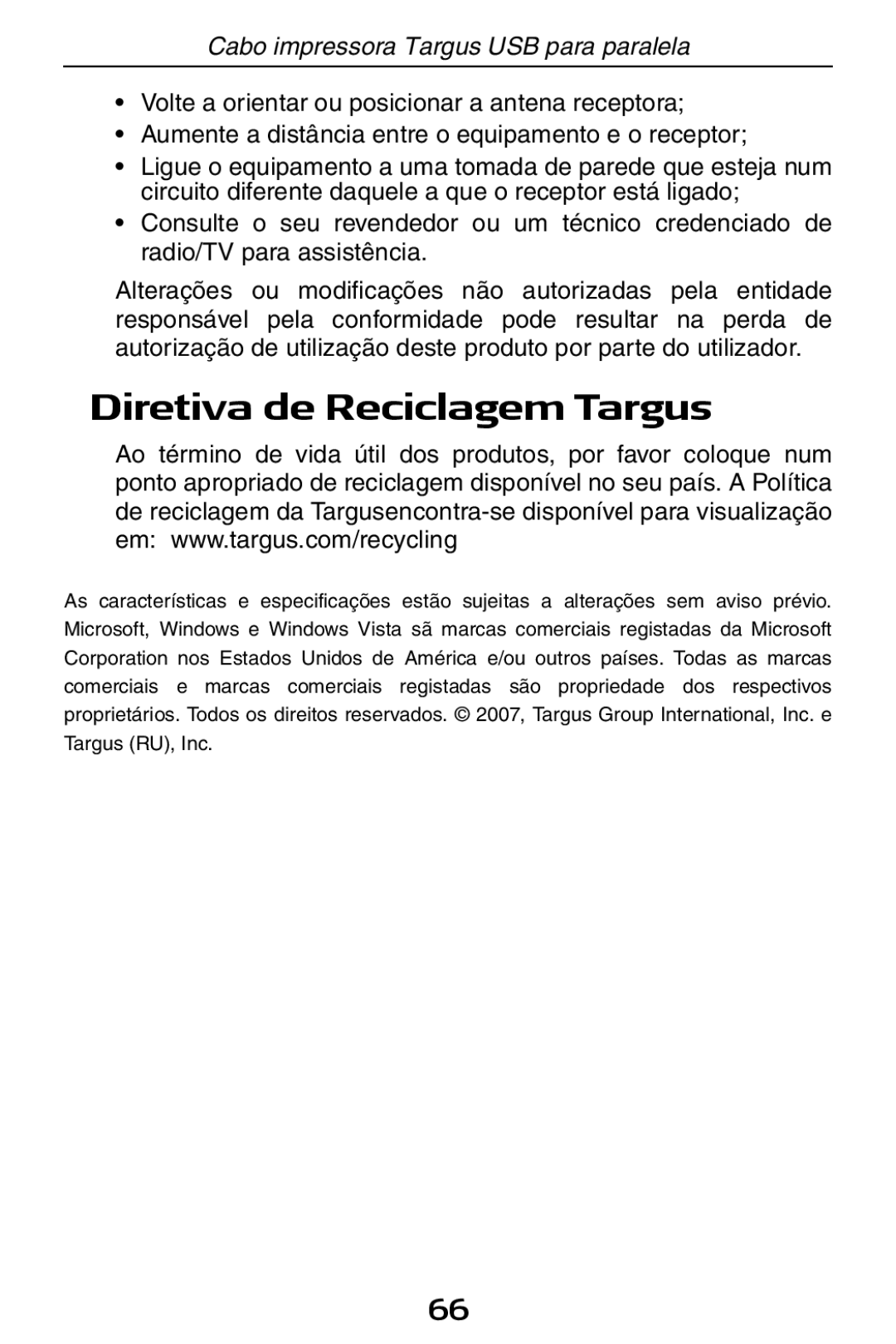 Targus PA096E specifications Diretiva de Reciclagem Targus 