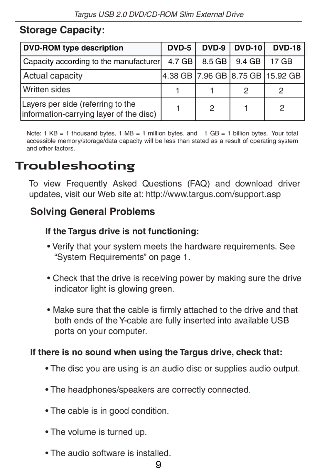 Targus PA410 specifications Troubleshooting, Storage Capacity, Solving General Problems 