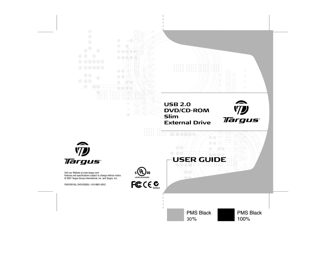 Targus PA410 specifications USB DVD/CD-ROM Slim External Drive, User Guide, PADVD010UPADVD020U / 410-0901-001C 