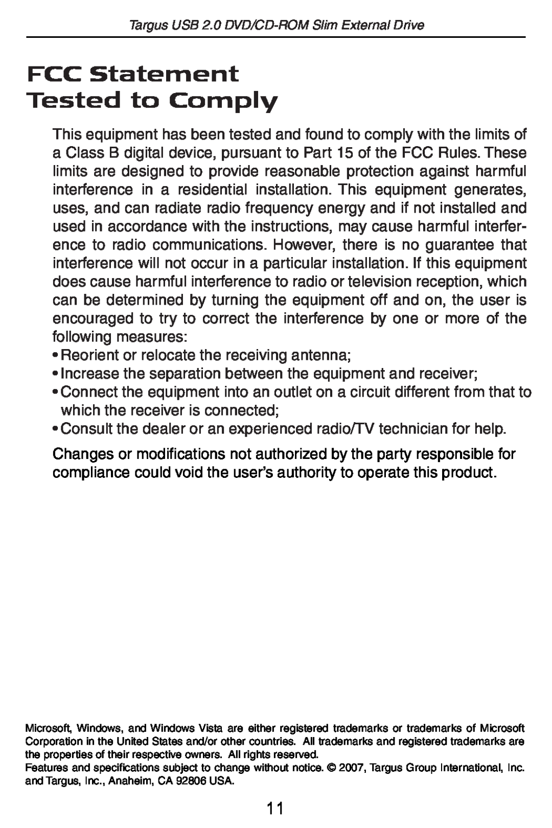 Targus PA410 specifications FCC Statement Tested to Comply 