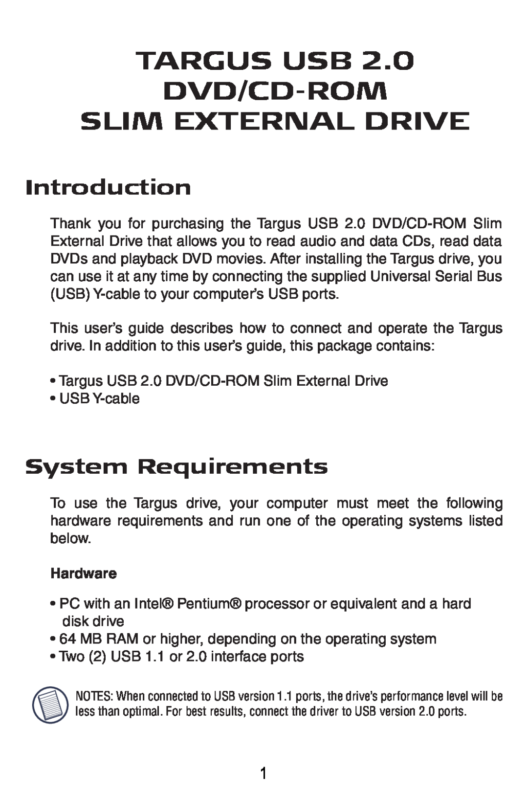 Targus PA410 specifications Targus Usb Dvd/Cd-Rom Slim External Drive, Introduction, System Requirements, Hardware 