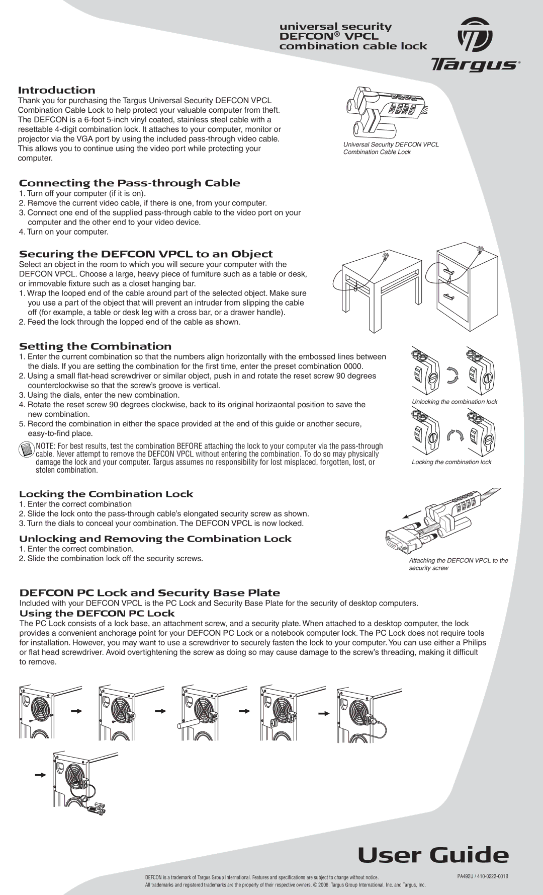 Targus 410-0222-001B, PA492U specifications Connecting the Pass-through Cable, Securing the Defcon Vpcl to an Object 