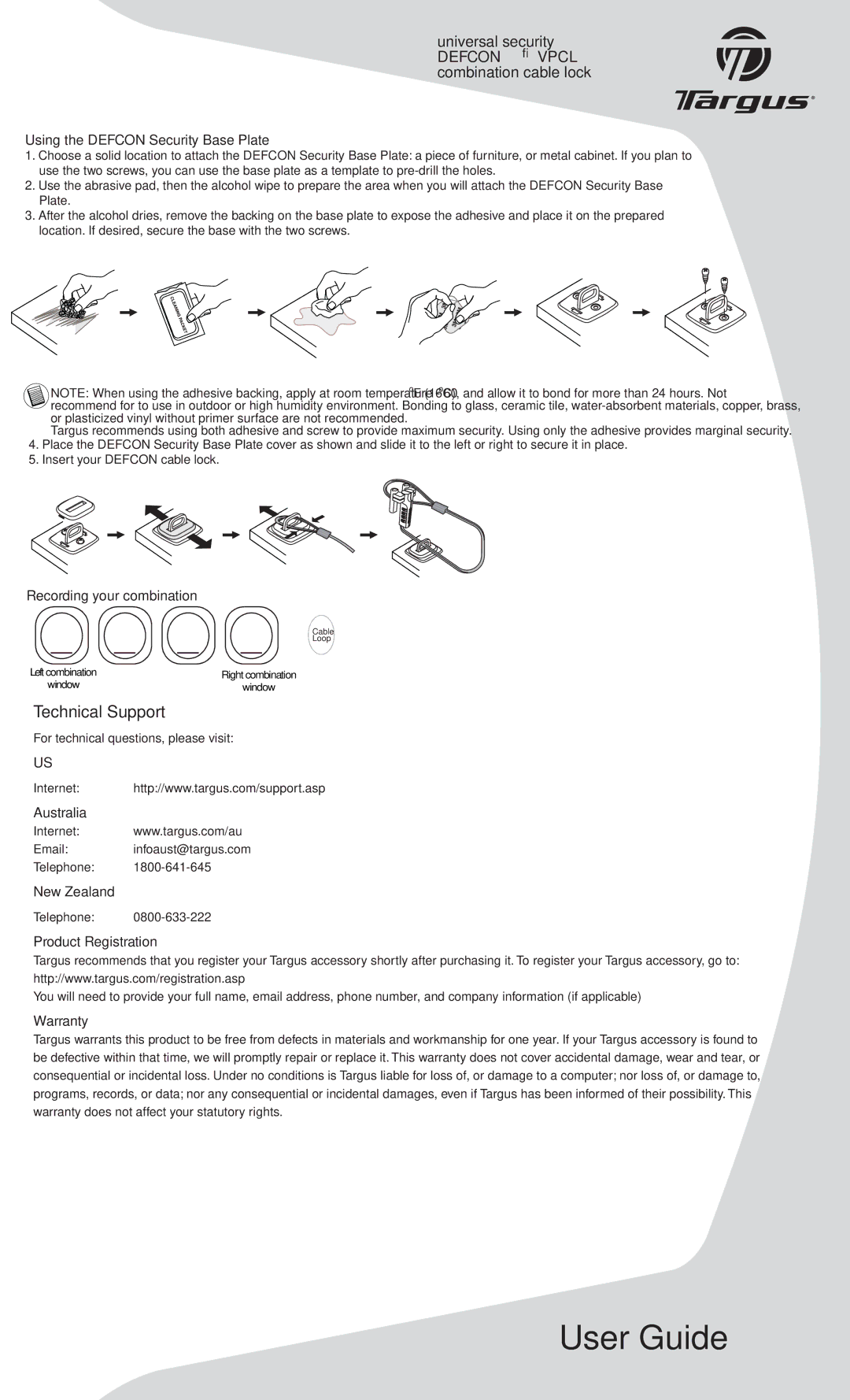 Targus PA492U, 410-0222-001B specifications Universal security Defcon Vpcl combination cable lock 