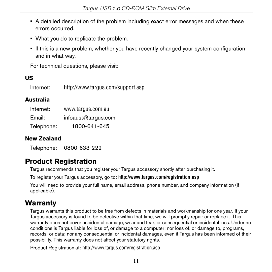 Targus PACD010/400-0137-001B specifications Product Registration, Warranty, Australia, New Zealand 