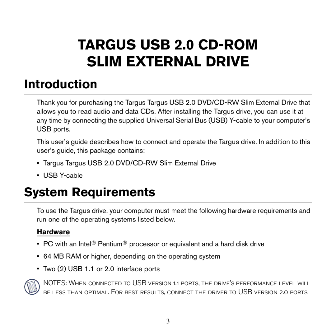 Targus PACD010/400-0137-001B specifications Introduction, System Requirements, Hardware 