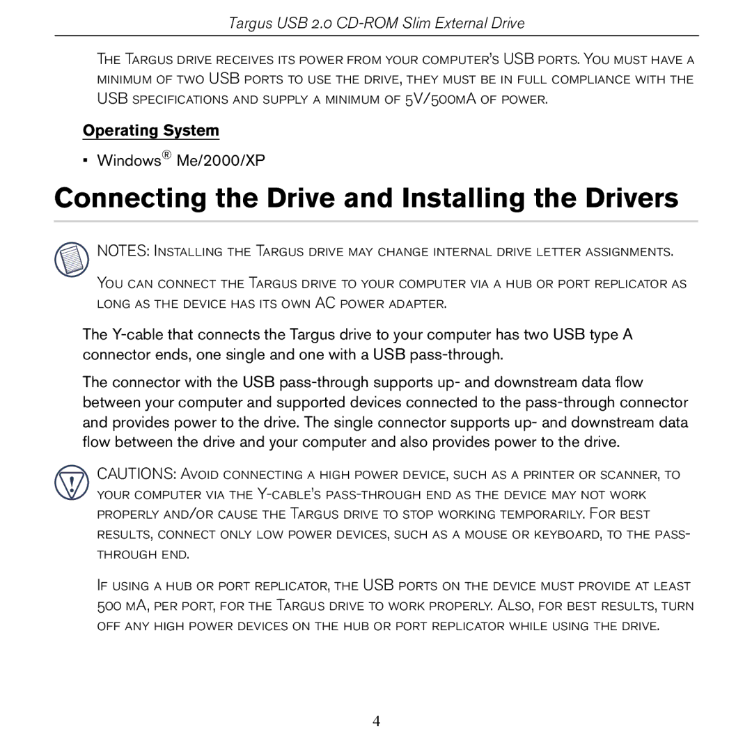 Targus PACD010/400-0137-001B specifications Connecting the Drive and Installing the Drivers, Operating System 