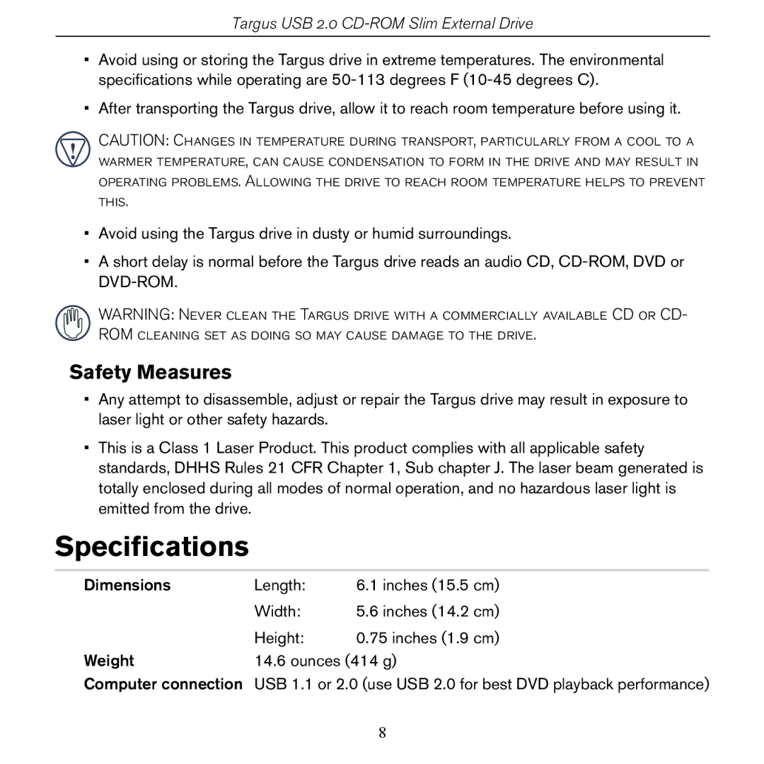 Targus PACD010/400-0137-001B specifications Specifications, Safety Measures 