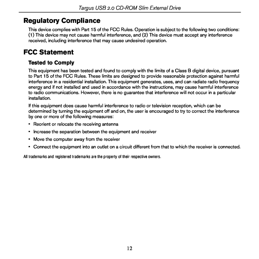 Targus PACD010/400-0137-001B specifications Regulatory Compliance, FCC Statement, Tested to Comply 
