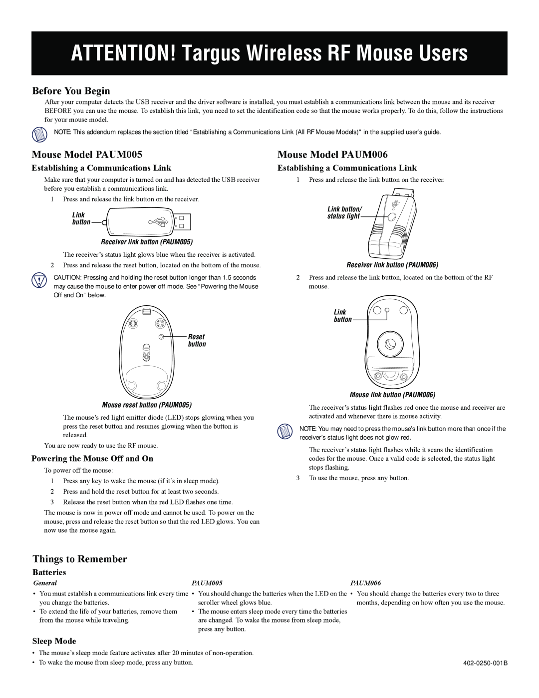 Targus manual ATTENTION! Targus Wireless RF Mouse Users, Before You Begin, Mouse Model PAUM005, Things to Remember 