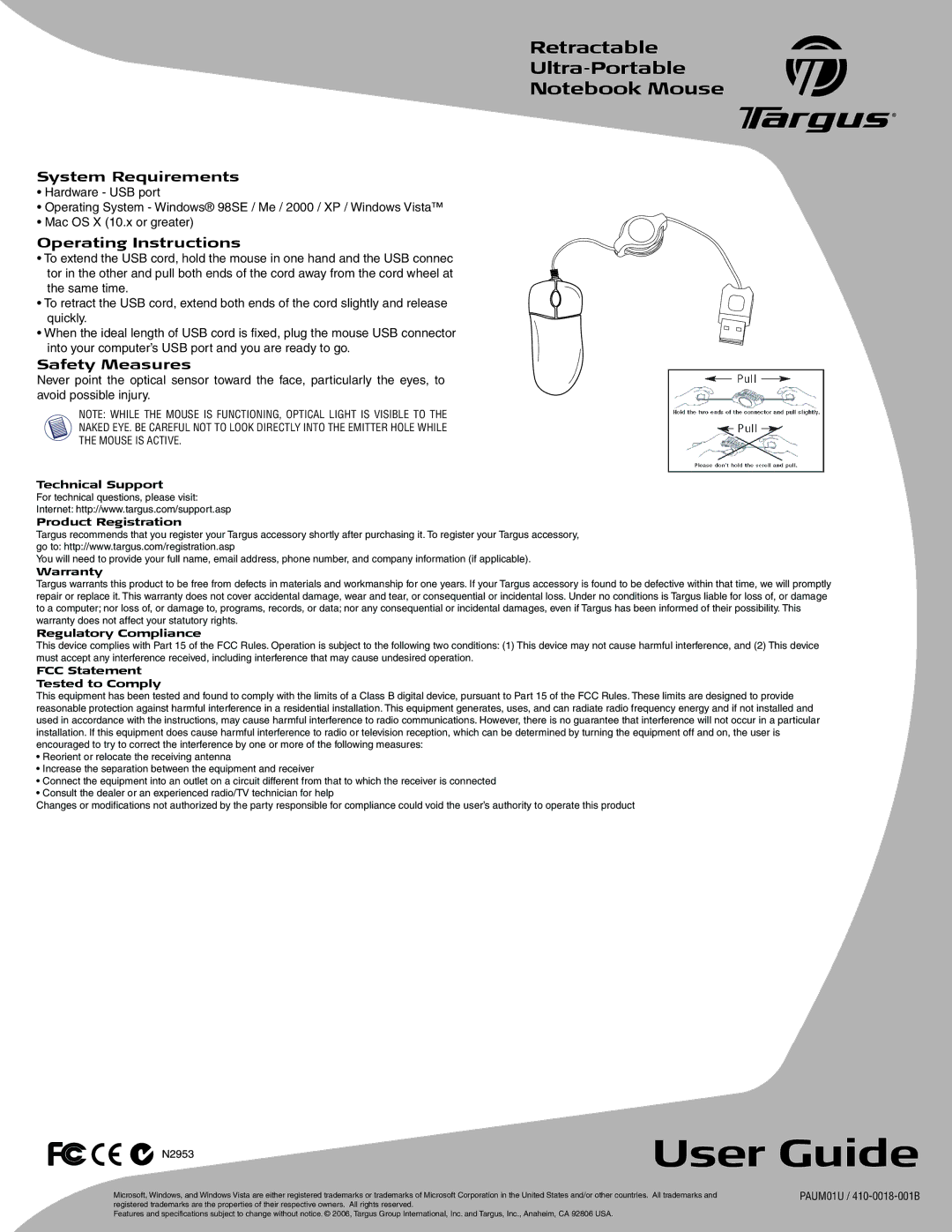 Targus PAUM01U warranty System Requirements, Operating Instructions, Safety Measures 