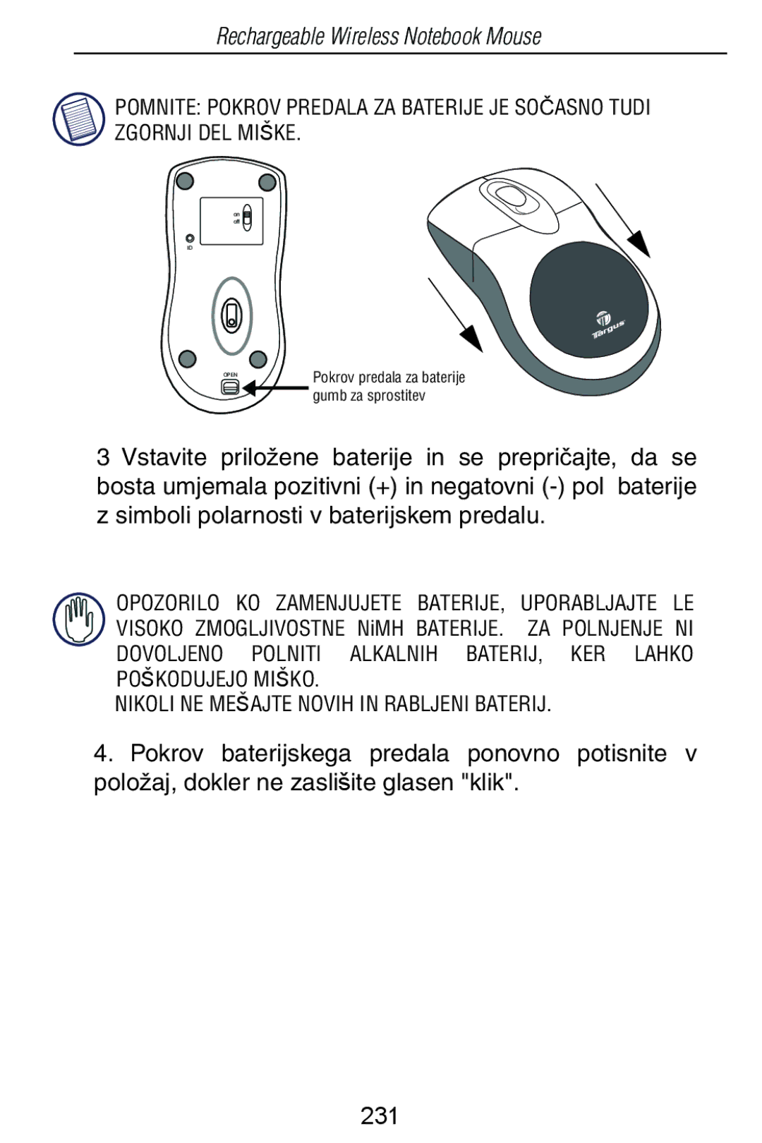 Targus Rechargeable Wireless Notebook Mouse manual Pokrov predala za baterije gumb za sprostitev 