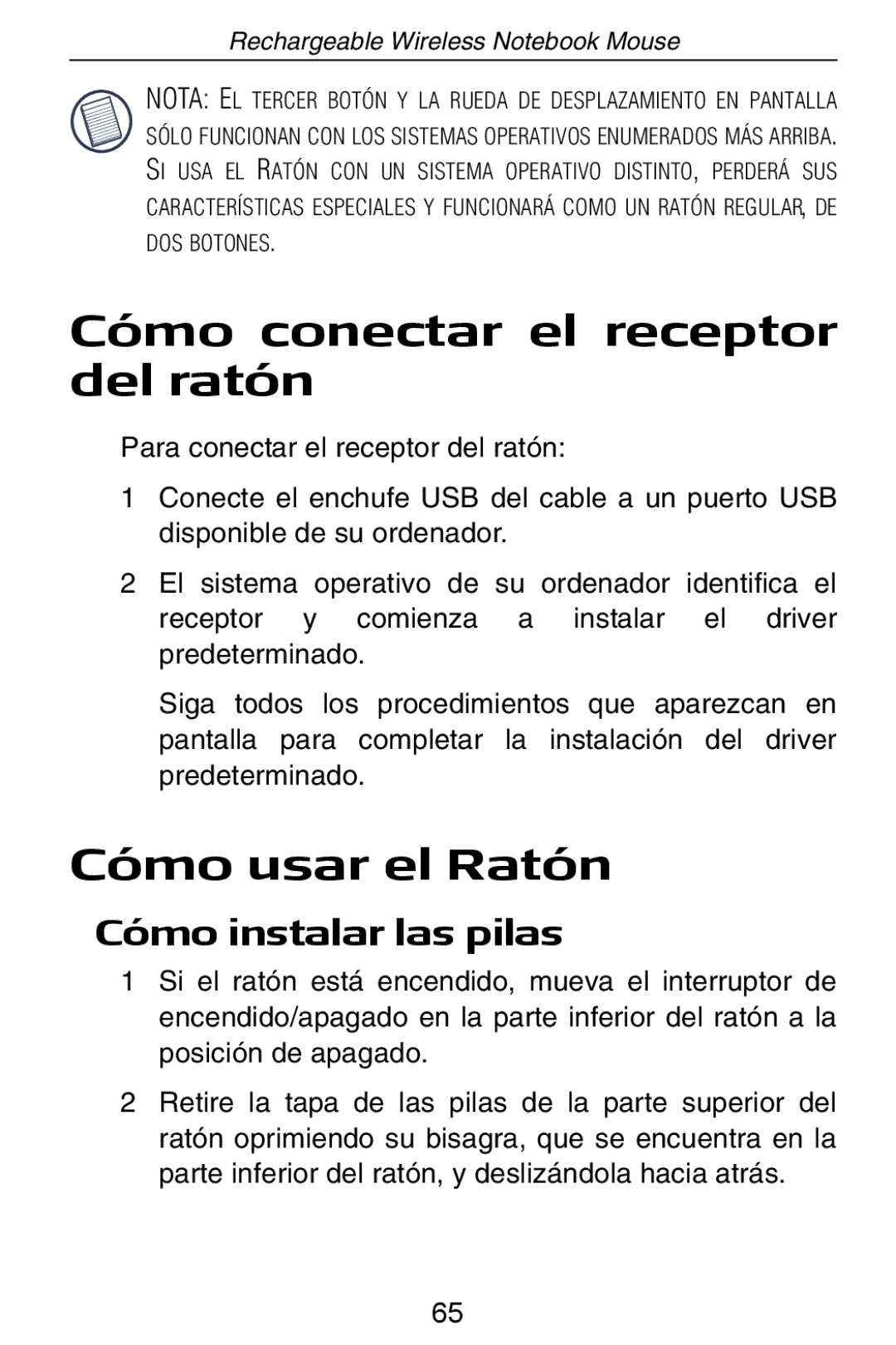 Targus Rechargeable Wireless Notebook Mouse manual Cómo conectar el receptor del ratón, Cómo usar el Ratón 