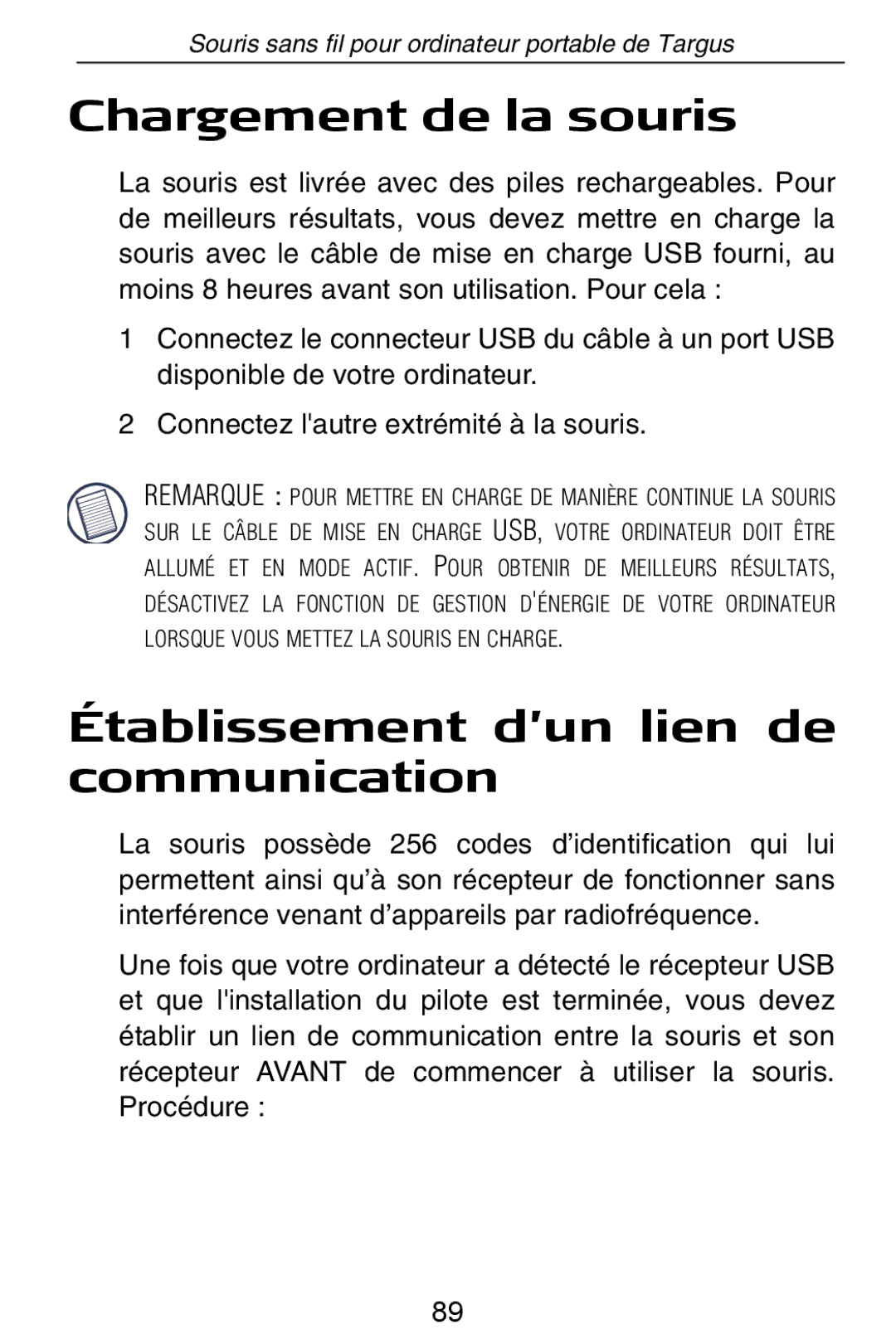 Targus Rechargeable Wireless Notebook Mouse manual Chargement de la souris, Établissement d’un lien de communication 