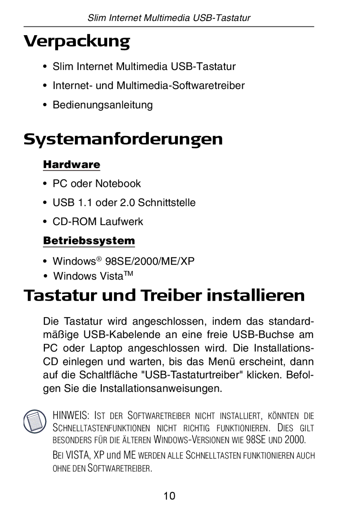 Targus slim internet multimedia USB keyboard Verpackung, Systemanforderungen, Tastatur und Treiber installieren 