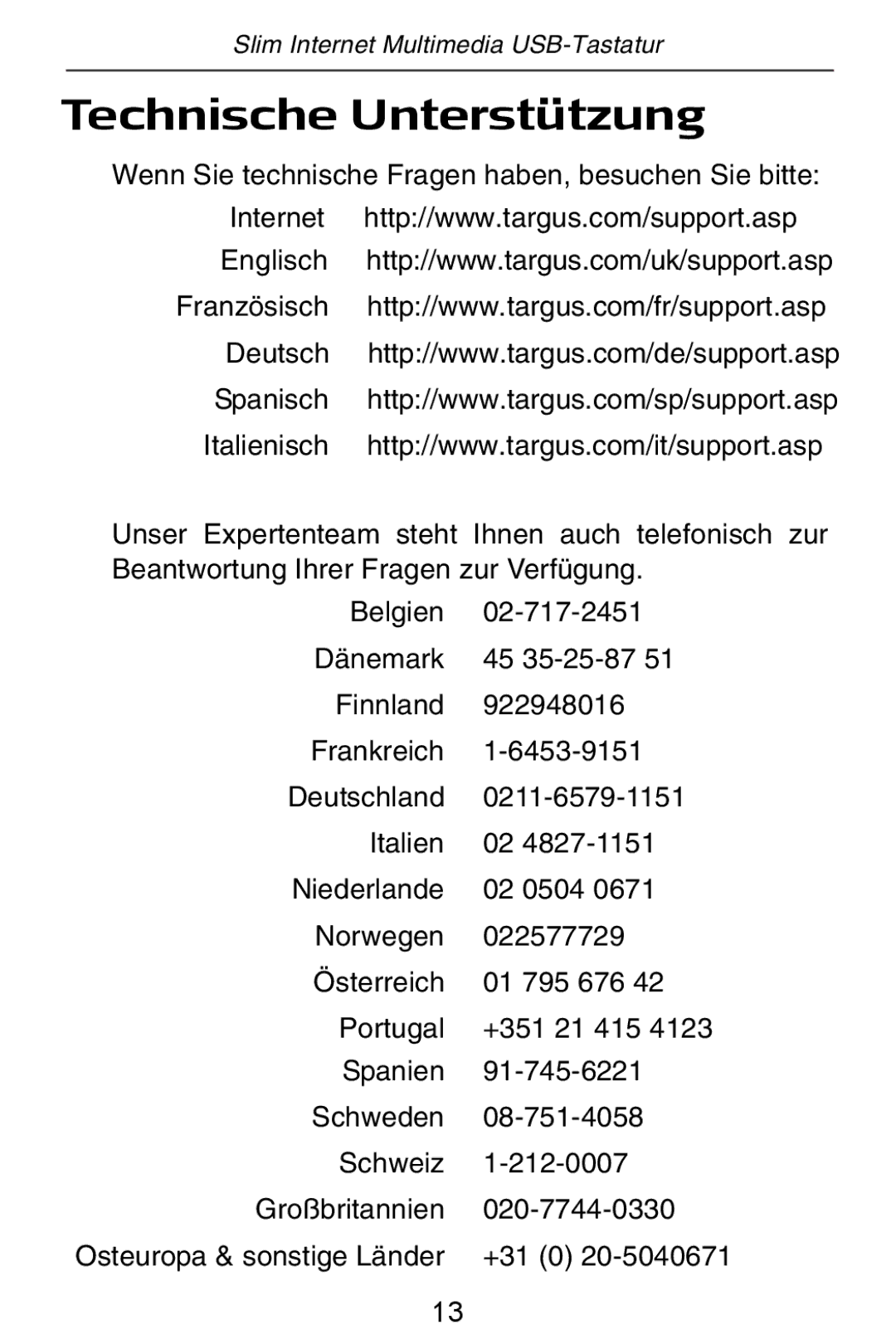 Targus slim internet multimedia USB keyboard specifications Technische Unterstützung 