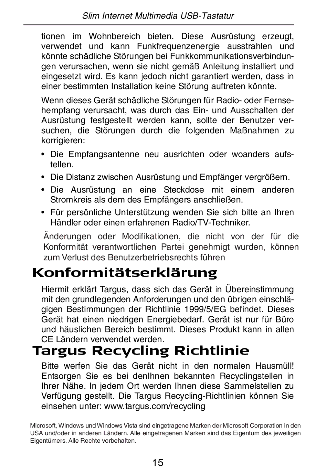 Targus slim internet multimedia USB keyboard specifications Konformitätserklärung, Targus Recycling Richtlinie 