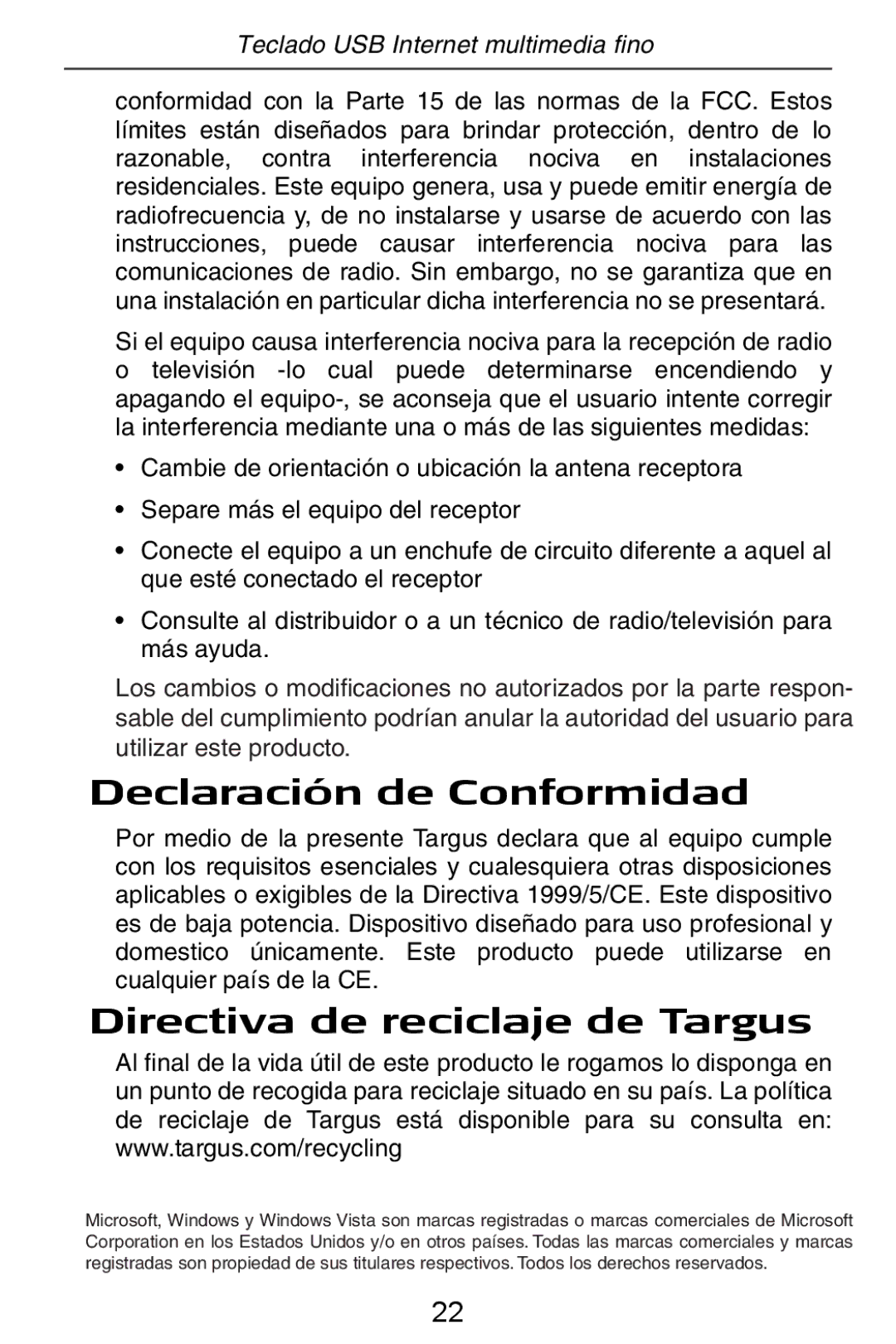 Targus slim internet multimedia USB keyboard specifications Declaración de Conformidad, Directiva de reciclaje de Targus 