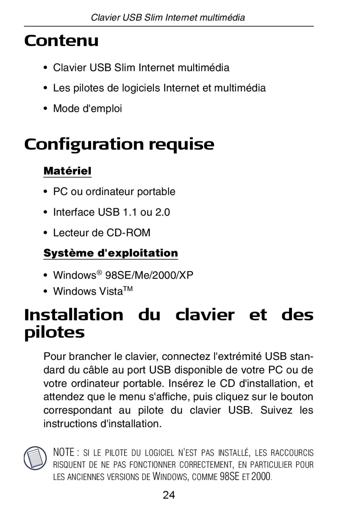 Targus slim internet multimedia USB keyboard Contenu, Configuration requise, Installation du clavier et des pilotes 