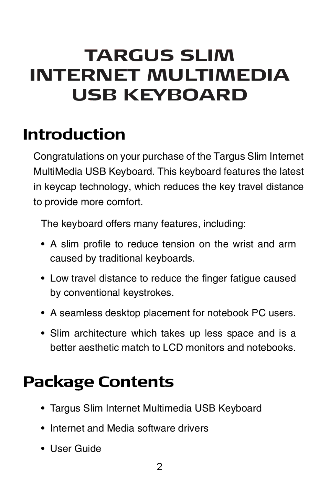 Targus slim internet multimedia USB keyboard specifications Introduction, Package Contents 