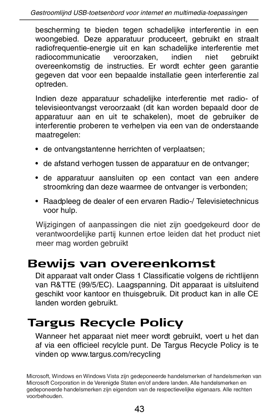 Targus slim internet multimedia USB keyboard specifications Bewijs van overeenkomst, Targus Recycle Policy 